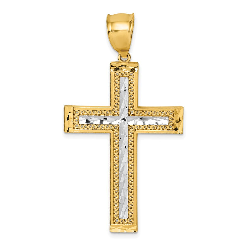 14k Polished w/Rhodium Diamond-cut Textured Fancy Cross Pendant