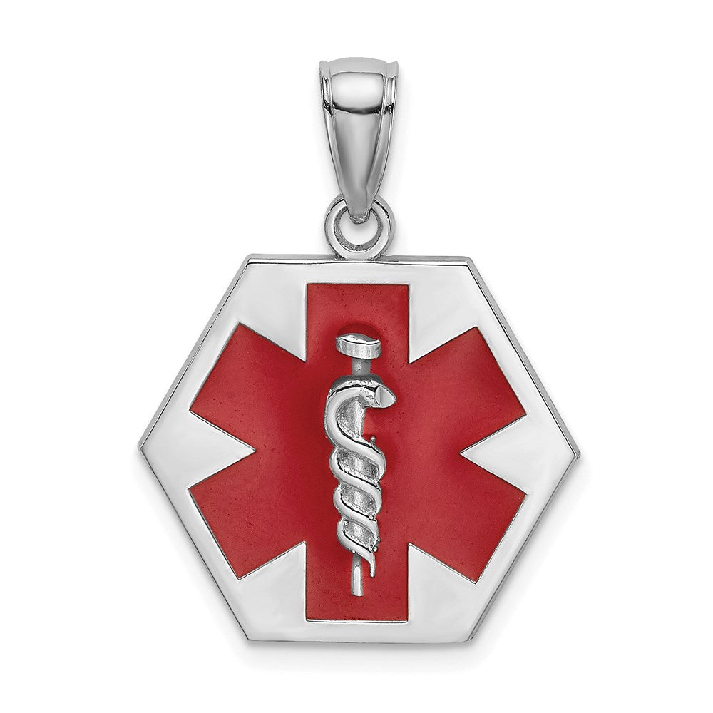 14K White Gold Enameled Textured Back Caduceus Medical Disc