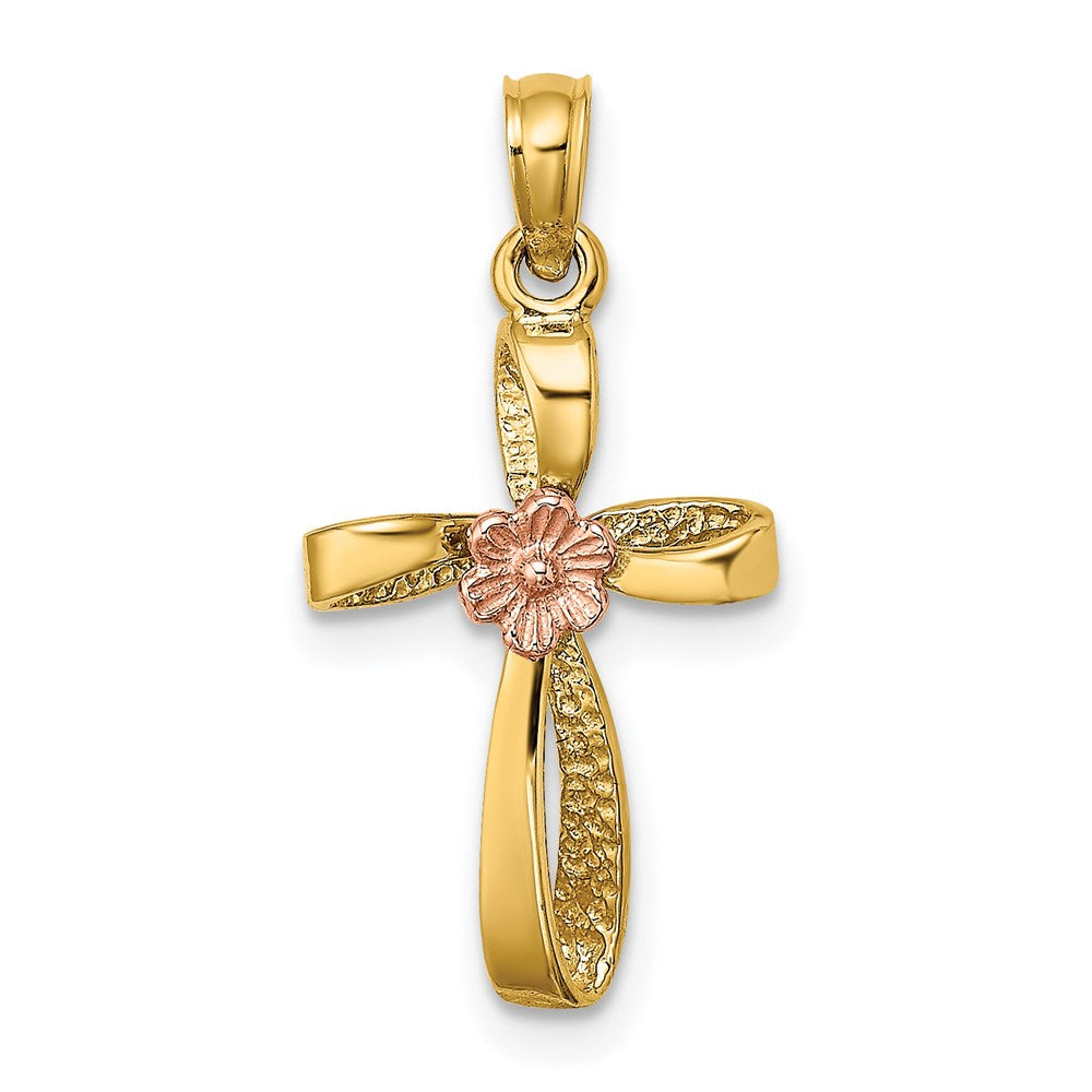14k Two-Tone Twisted Cross w/ Flower Charm