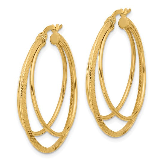 Leslie's 14K Polished and Textured Triple Row Hoop Earrings