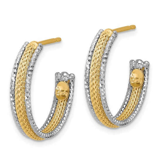Leslie's 14K with Rhodium Polished/Textured/Dia-cut J-Hoop Earrings