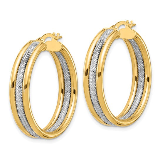 Leslie's 14k with White Rhodium Polished and Textured Triple Hoop Earrings