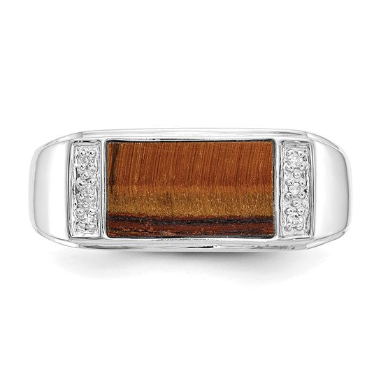 14k White Gold Polished Tigers Eye and A Quality Diamond Mens Ring