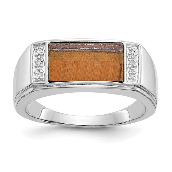 14k White Gold Polished Tigers Eye and A Quality Diamond Mens Ring
