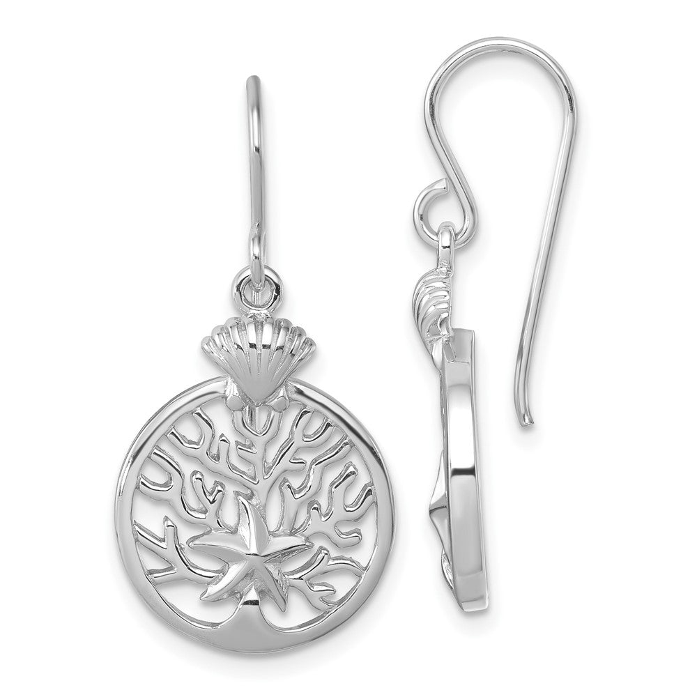 Sterling Silver Rhodium-Plated Starfish & Scallop Shell Reef Dangle Earring