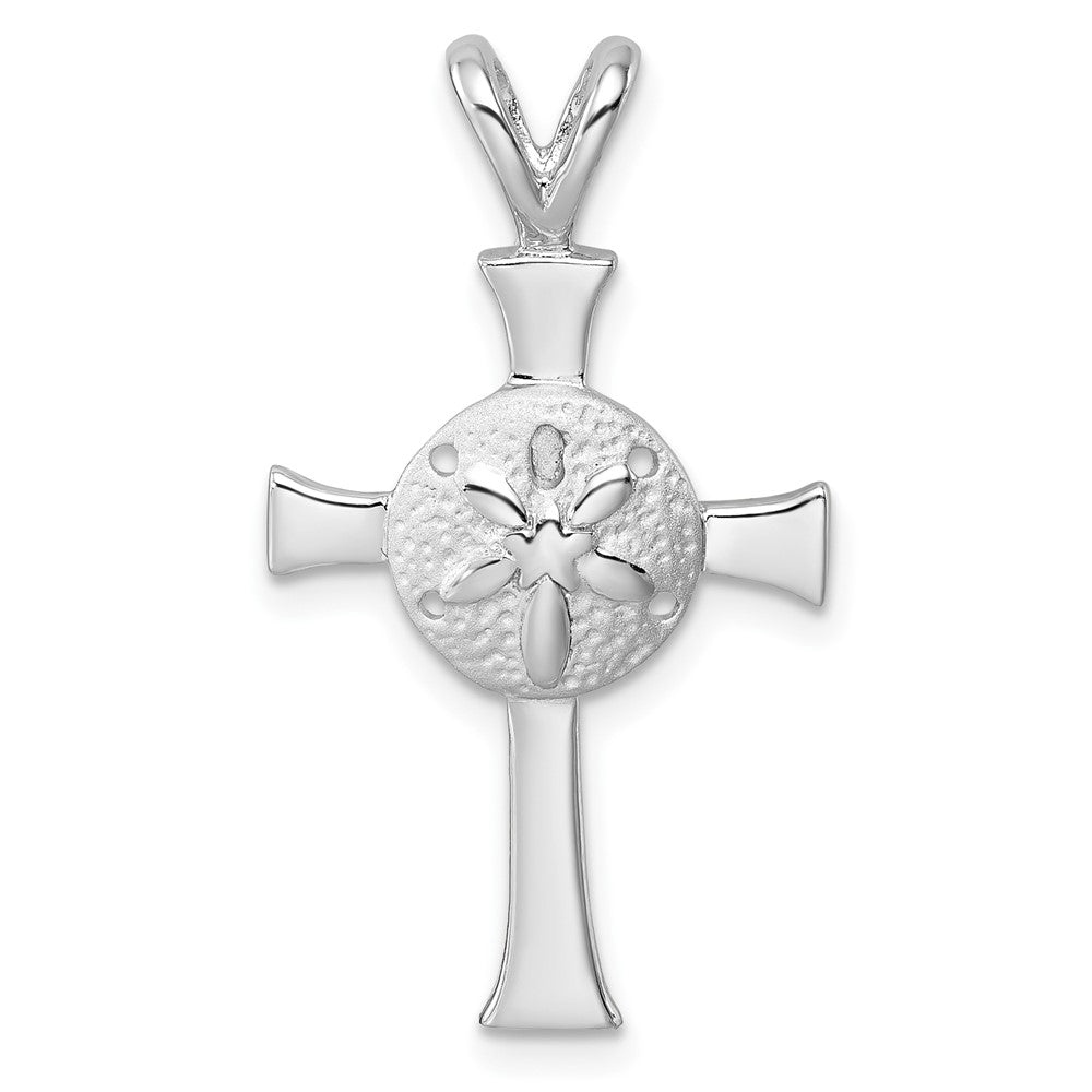 Sterling Silver RH-Plated Polished & Brushed Sand Dollar Cross Pendant