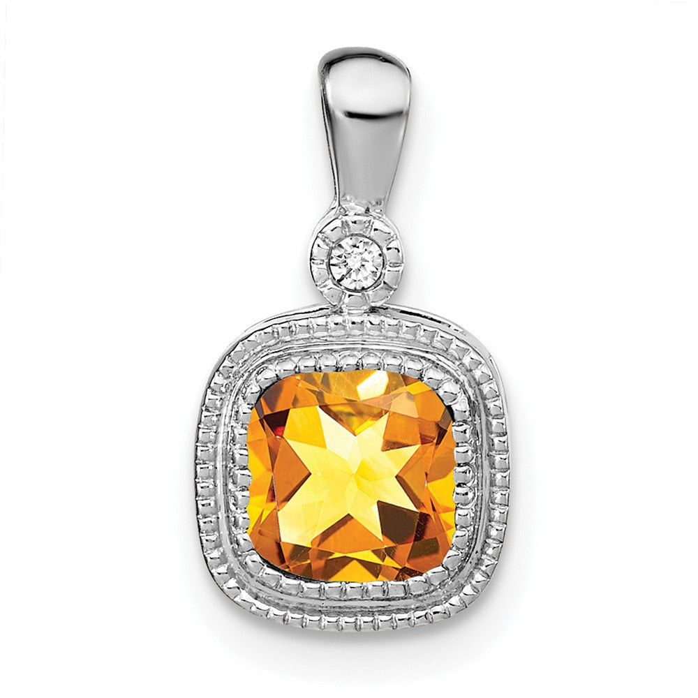 14k White Gold Cushion Citrine and Diamond Pendant