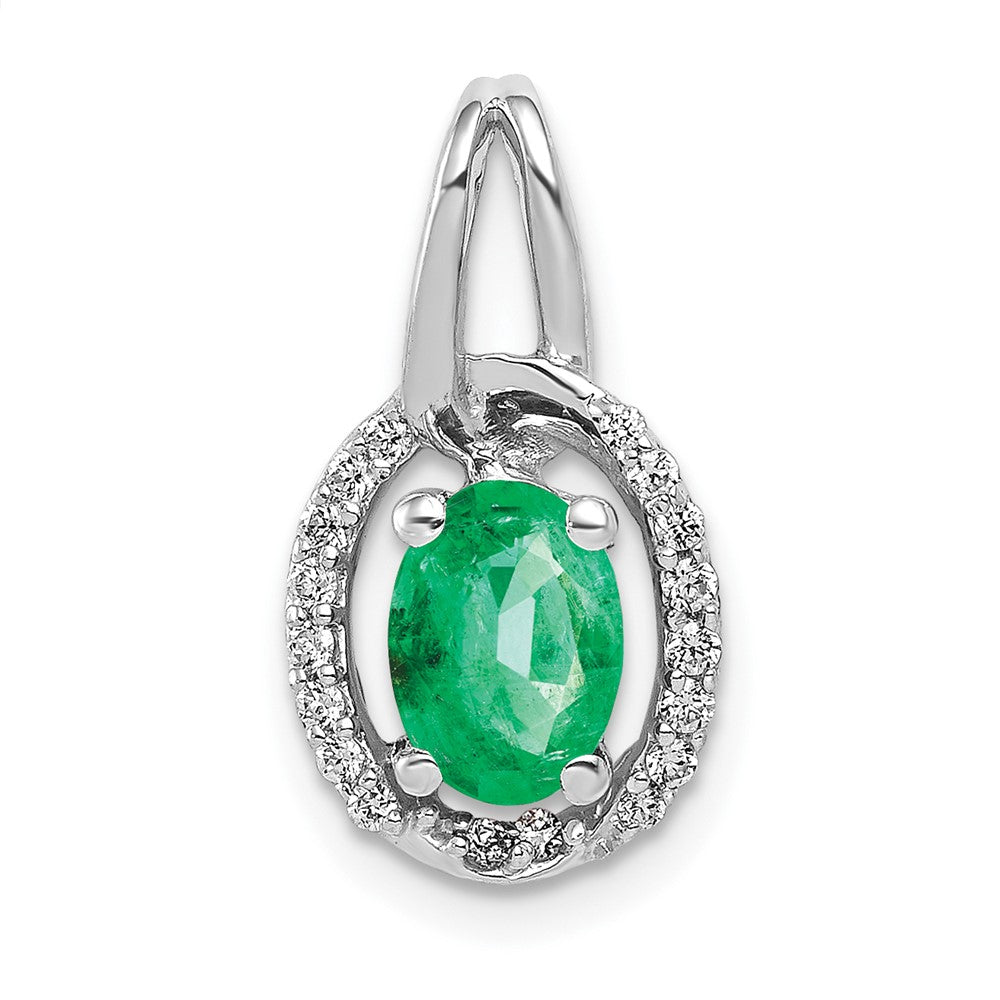 14k White Gold Diamond and Oval Emerald Pendant