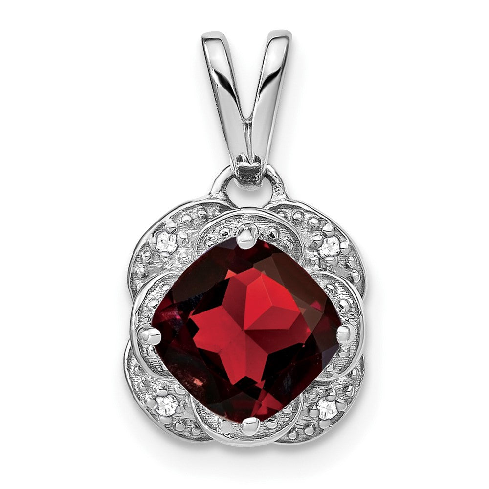 14k White Gold Cushion Garnet and Diamond Pendant