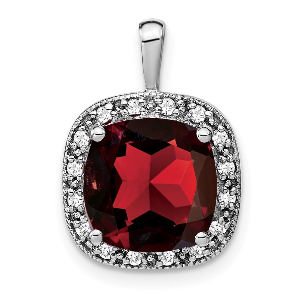 14k White Gold Cushion Garnet and Diamond Pendant