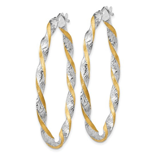 14k White Gold and Yellow Rhodium Twisted D/C Oval Hoop Earrings