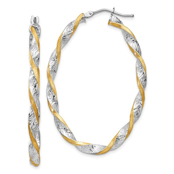 14k White Gold and Yellow Rhodium Twisted D/C Oval Hoop Earrings