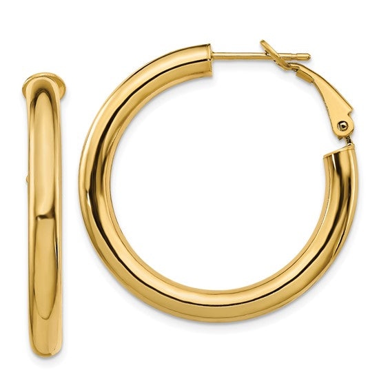 14k 4x25mm Polished Round Omega Back Hoop Earrings