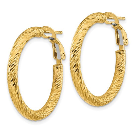 14k 3x20mm Diamond-cut Round Omega Back Hoop Earrings