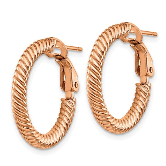 14k 3x15mm Rose Gold Twisted Round Hoop Earrings