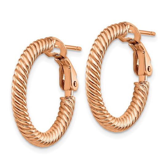 14k 3x15mm Rose Gold Twisted Round Hoop Earrings