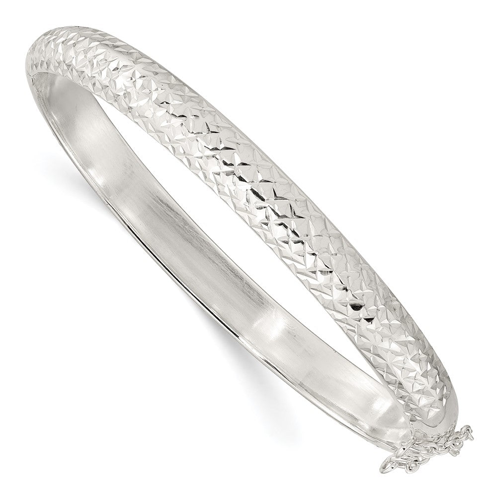 Sterling Silver Rhodium-plated Polished and D/C 7.00mm Hinged Bangle