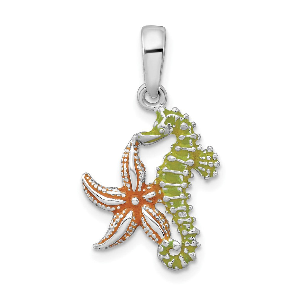 Sterling Silver Rhodium-plated Enameled Starfish/Seahorse Pendant