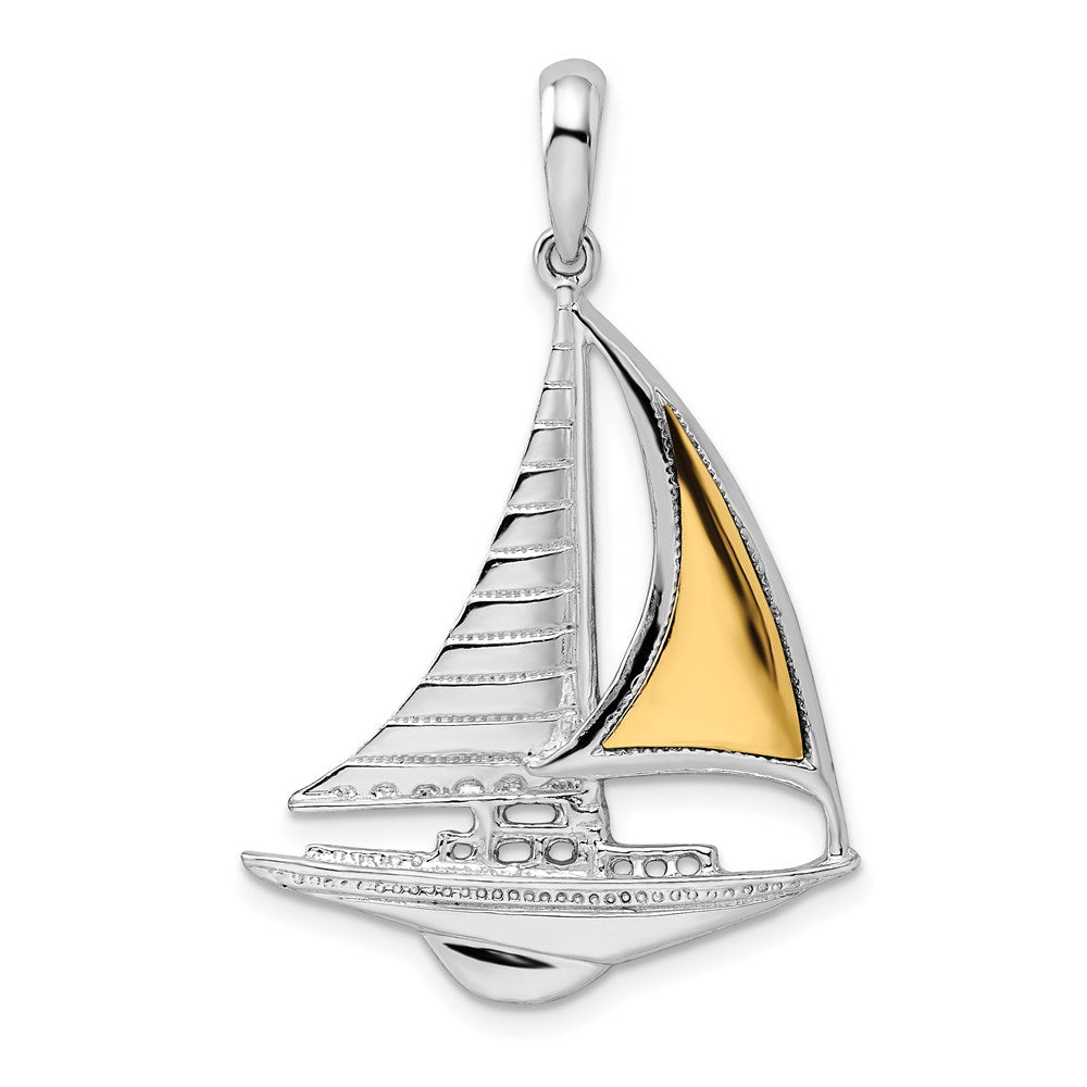 Sterling Silver Rhodium-plated Polished Sailboat w/14k Accent Pendant