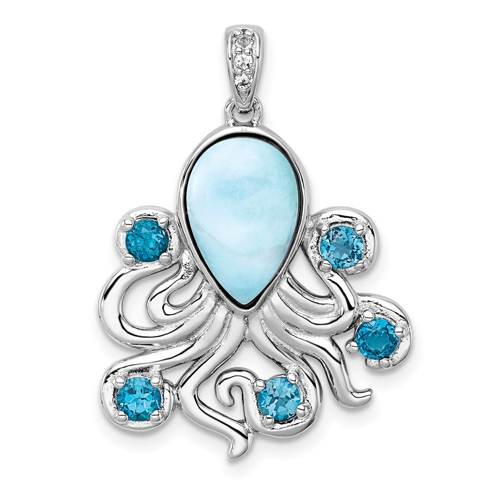 SS RH-pl Polished .04 Wht Topaz/ .85 Blue Topaz/Larimar Octopus Pendant