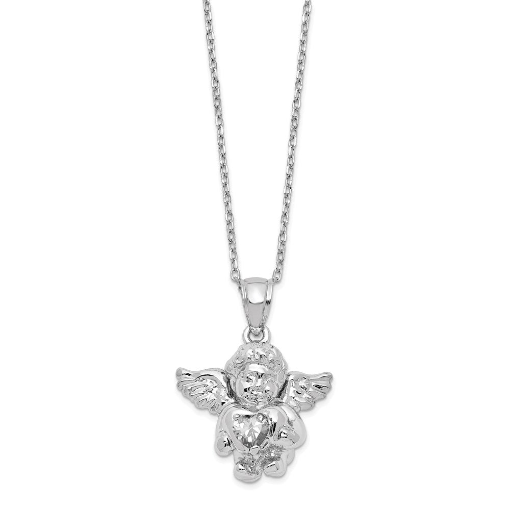 Sterling Silver RH-pltd CZ April Birthstone Angel Ash Holder 18in Necklace