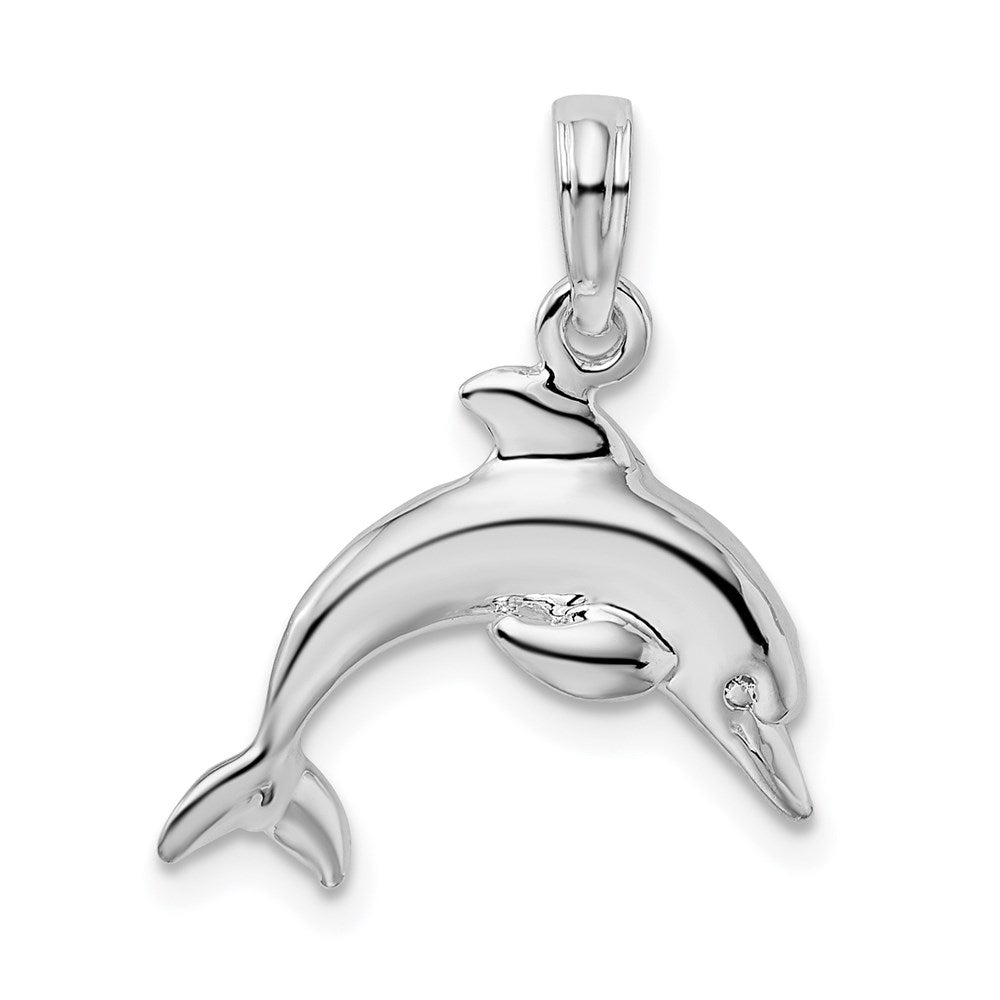 Sterling Silver Rhodium-plated Polished 3D Jumping Dolphin Pendant