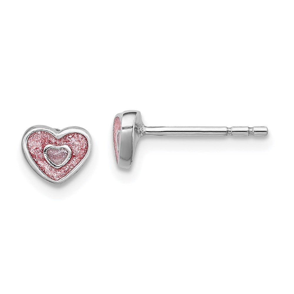 SS RH-plated Pink Glitter Enamel Heart Children's Post Earrings