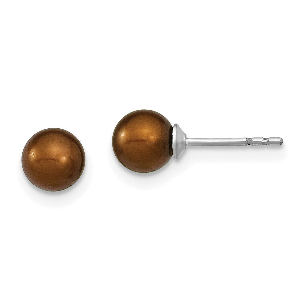 Sterling Silver Rh-plated 5-6mm Brown FW Cultured Round Pearl Stud Earring