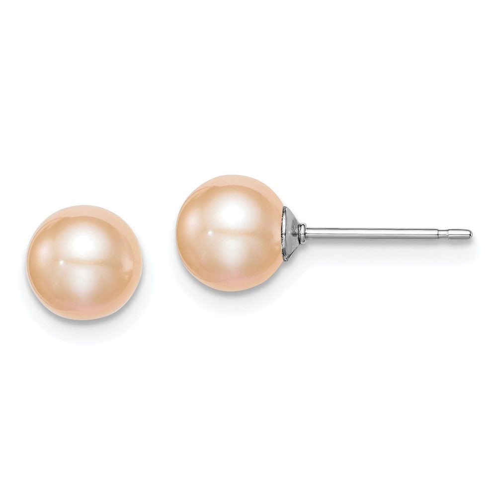 Sterling Silver RH Plated 6-7mm Pink FW Cultured Round Pearl Stud Earrings