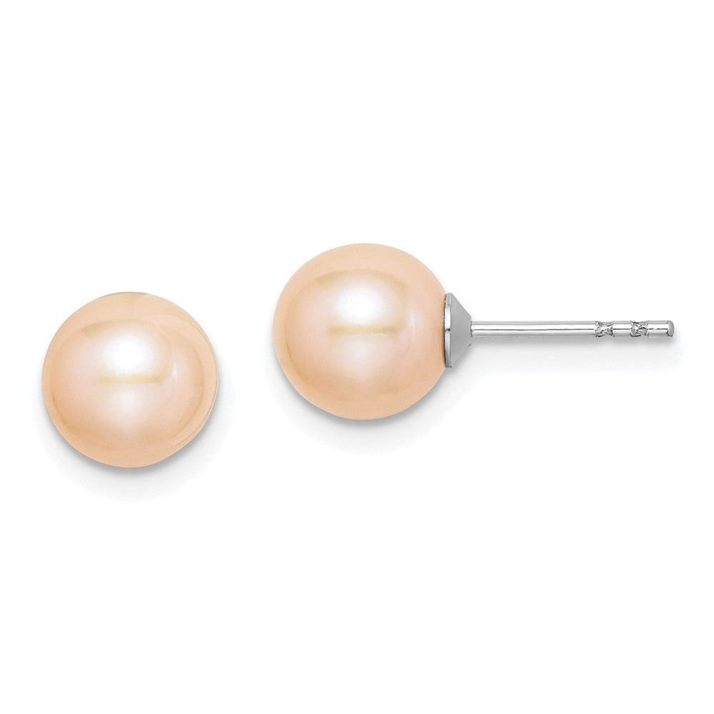 Sterling Silver RH Plated 7-8mm Pink FW Cultured Round Pearl Stud Earrings