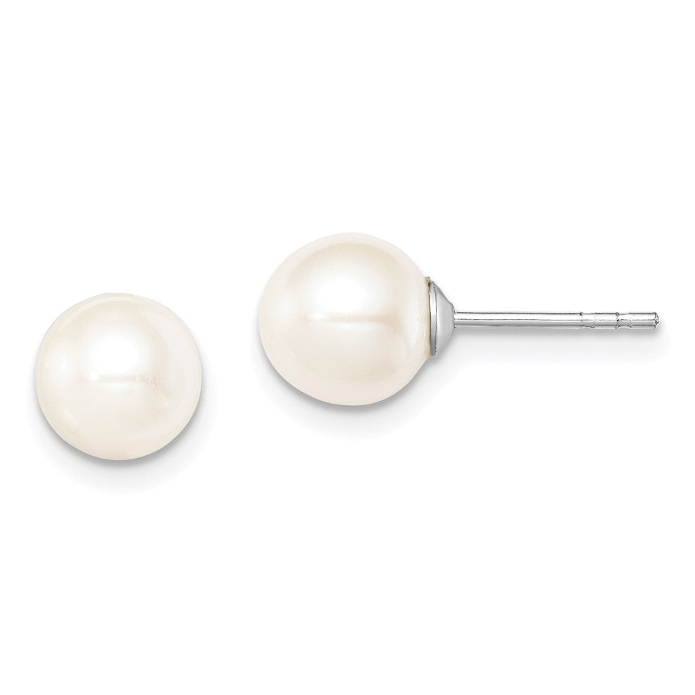 Sterling Silver Rh-plated 7-8mm White FW Cultured Round Pearl Stud Earrings