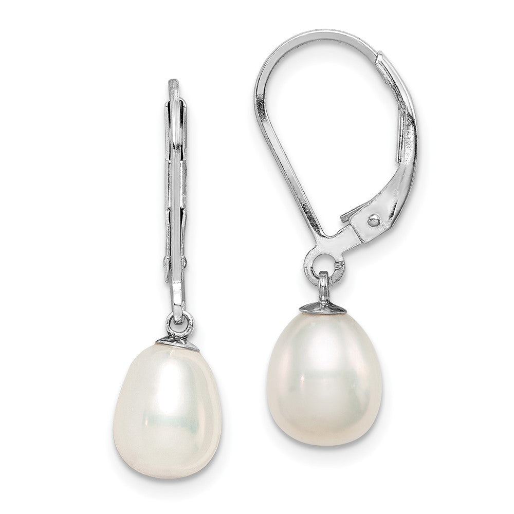 Sterling Silver Rhodium-plated 7-8mm White FWC Pearl Leverback Earrings