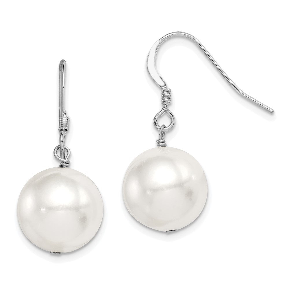 Sterling Silver Rhodium-plated 12-13mm Round Shell Bead Dangle Earrings