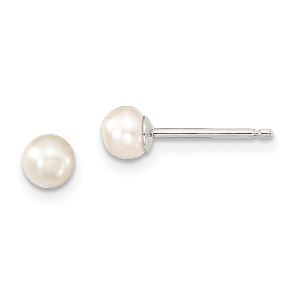 Sterling Silver RH-plate 4-5mm White Button FWC Pearl Post Earrings