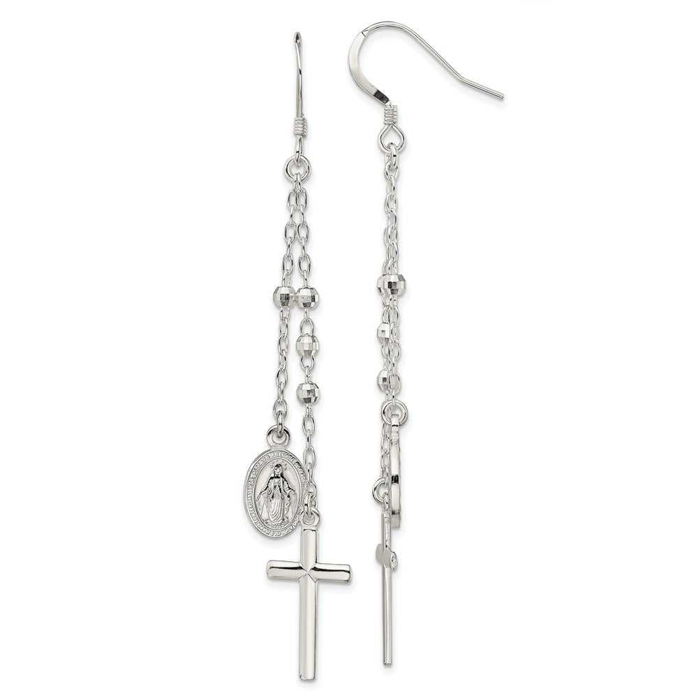 Sterling Silver Polished Miraculous Medal & Cross Dangle Earrings