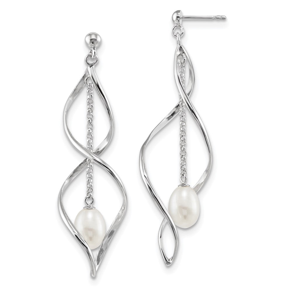 Sterling Silver Rhodium-plated 7-8mm White Rice FWC Pearl Dangle Earring