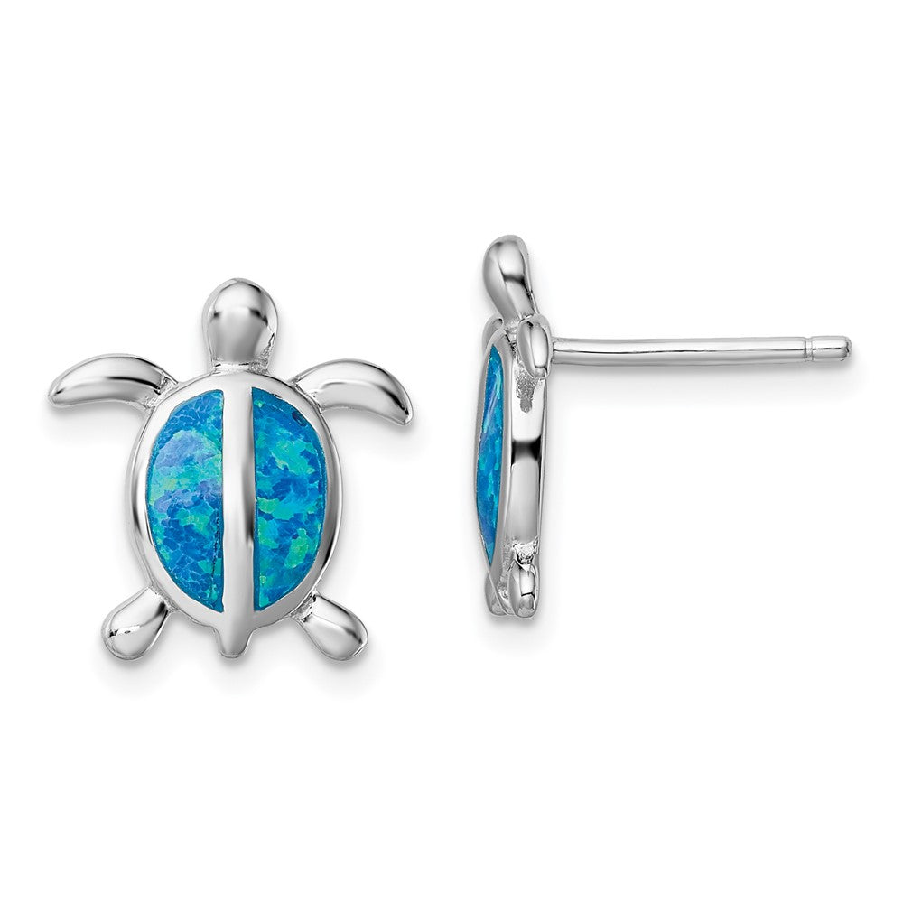 Sterling Silver Rhodium-plated Blue Created Opal Turtle Post Earrings