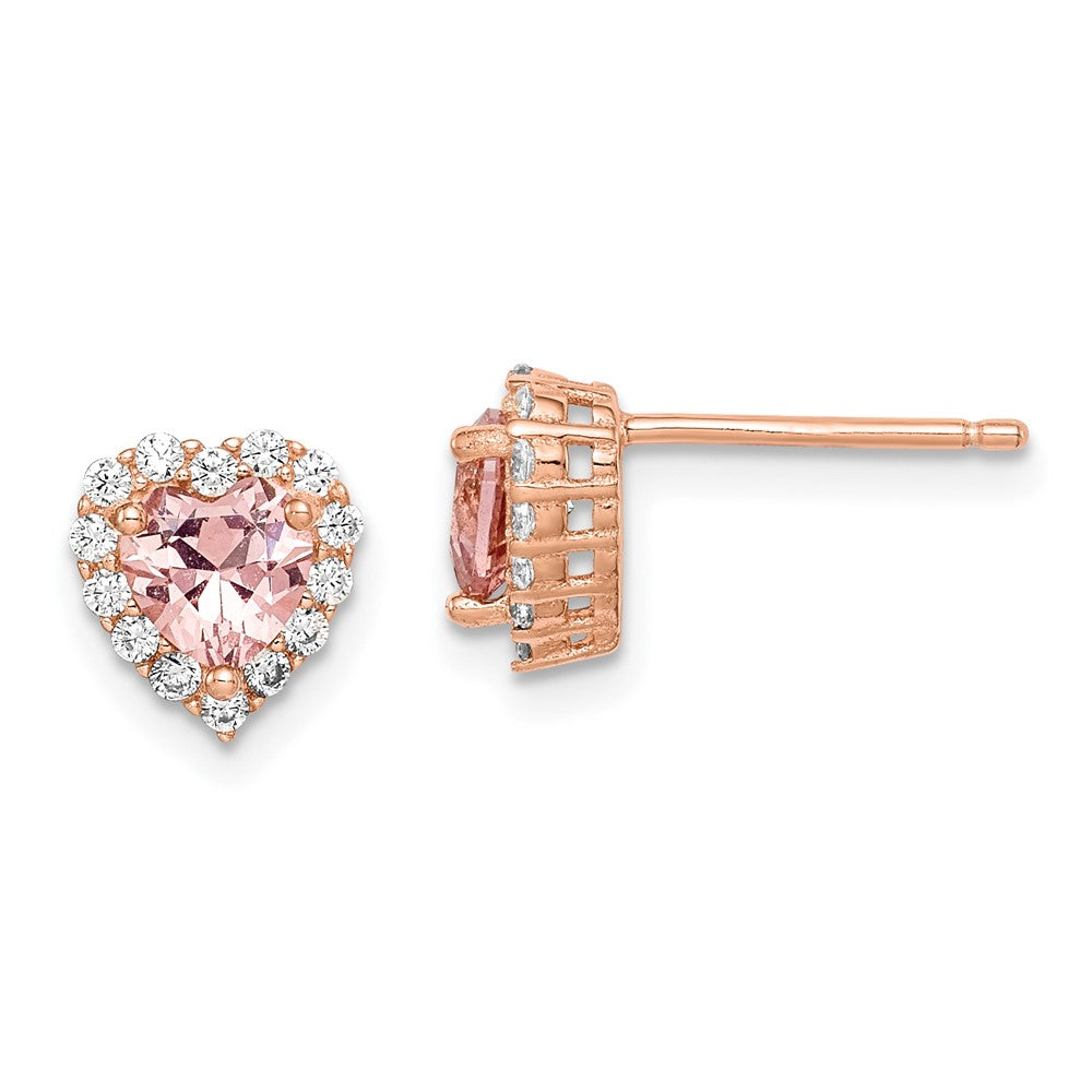 Sterling Silver Rose-tone Post CZ and Crystal Pink Heart Earrings