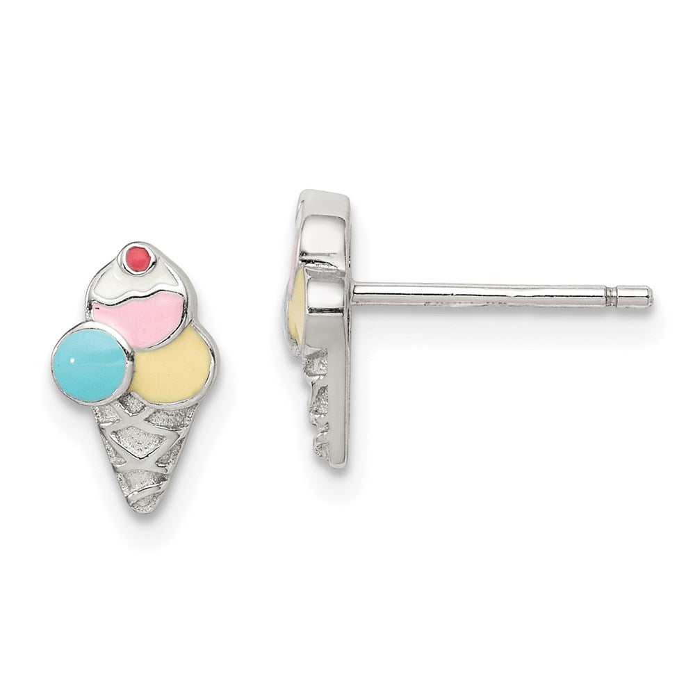 Sterling Silver Rhodium-plated Enameled Ice Cream Cone Post Earrings