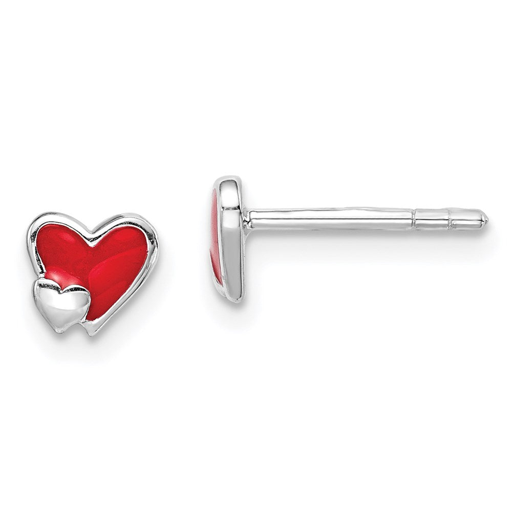 Sterling Silver RH-plated Red Enameled Double Heart Post Earrings