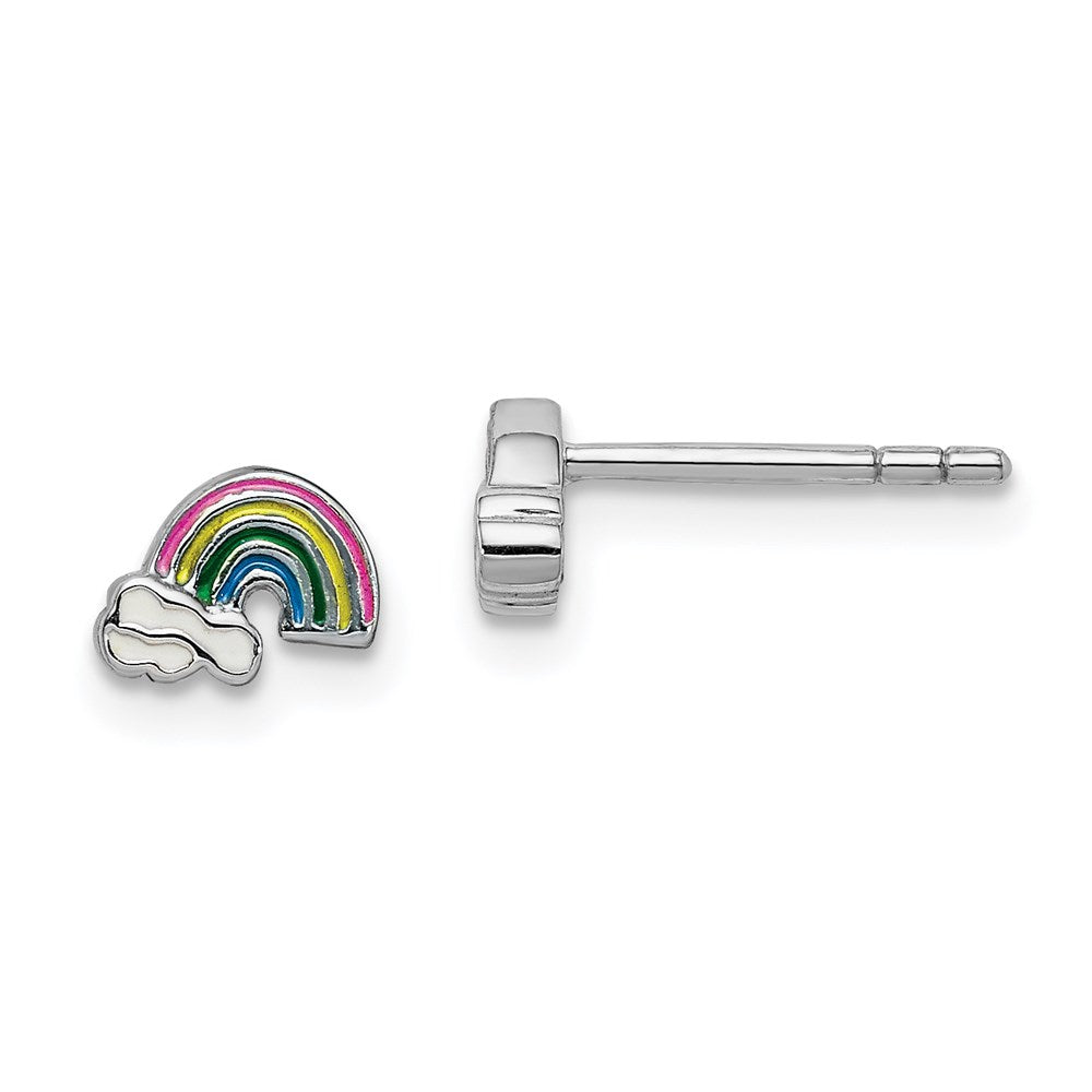 Sterling Silver RH-plated Enameled Rainbow Children's Post Earrings