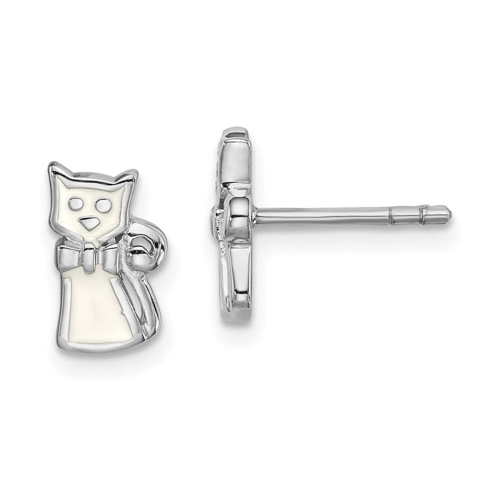 Sterling Silver RH-plated White Enamel Cat Children's Post Earrings