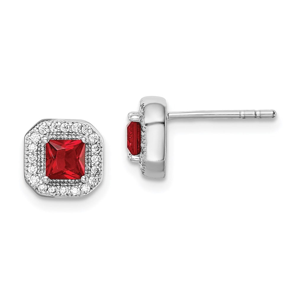 Sterling Silver Rhodium Plated Clear CZ and Square Red CZ Post Earrings