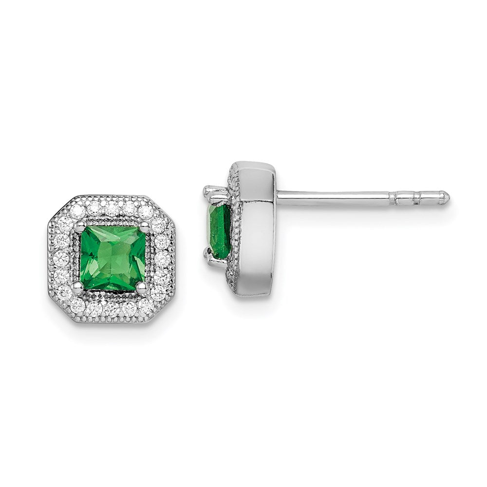 Sterling Silver Rhodium-Plated Green and Clear CZ Post Earrings