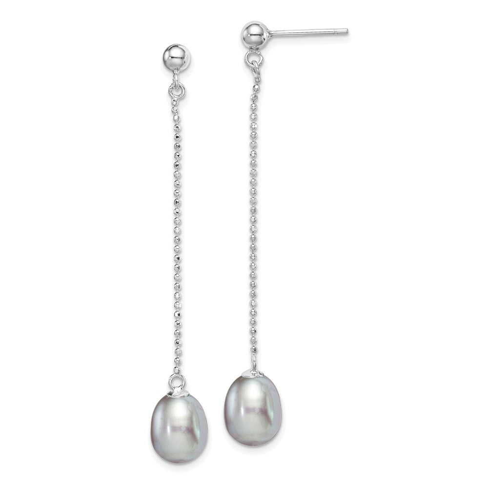 Sterling Silver RH-plated 7-8mm Grey FWC Pearl Post Dangle Earrings