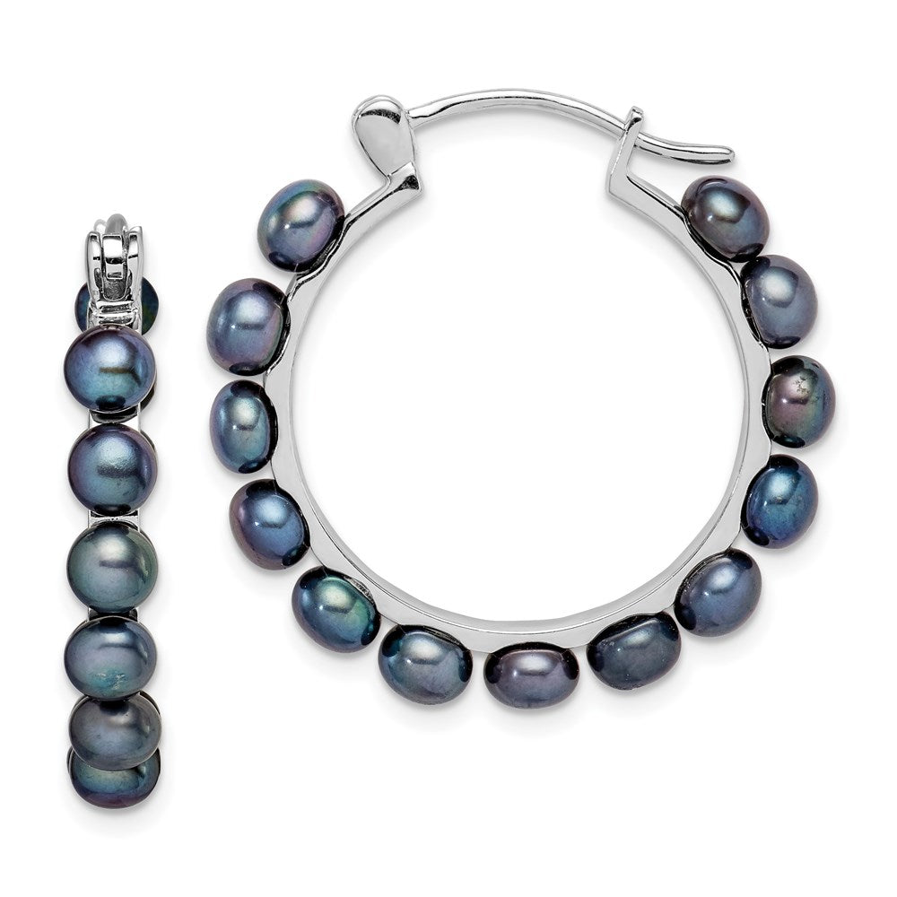 Sterling Silver Rhodium-plated 4-5mm Black FWC Pearl Hoop Earrings