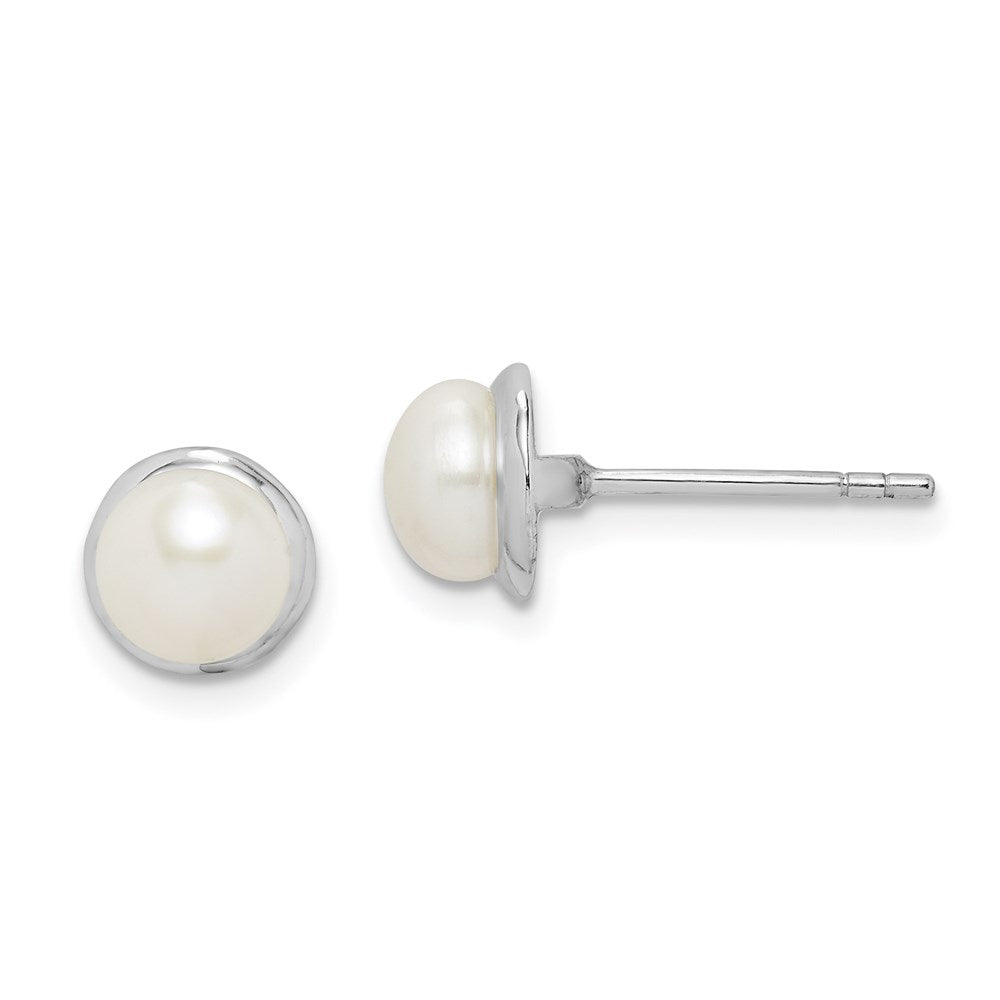 Sterling Silver Rhod-plat 6-7mm White Button FWC Pearl Earrings