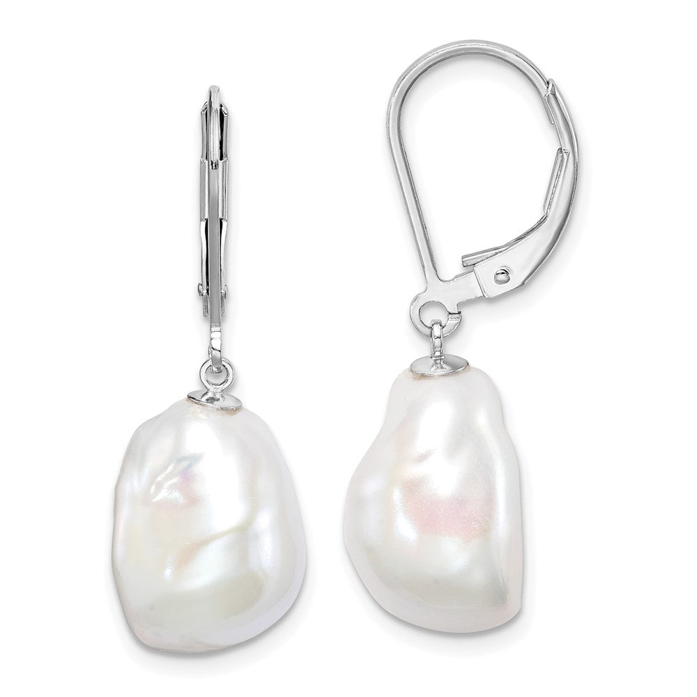 Sterling Silver RH-plated 11-12mm Keshi Pearl Leverback Dangle Earrings