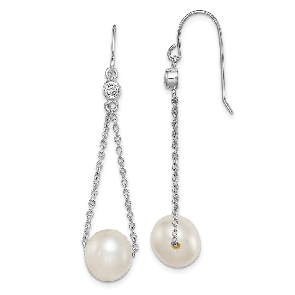 Sterling Silver RH-plated 9-10mm White FWC Pearl & CZ Dangle Earrings