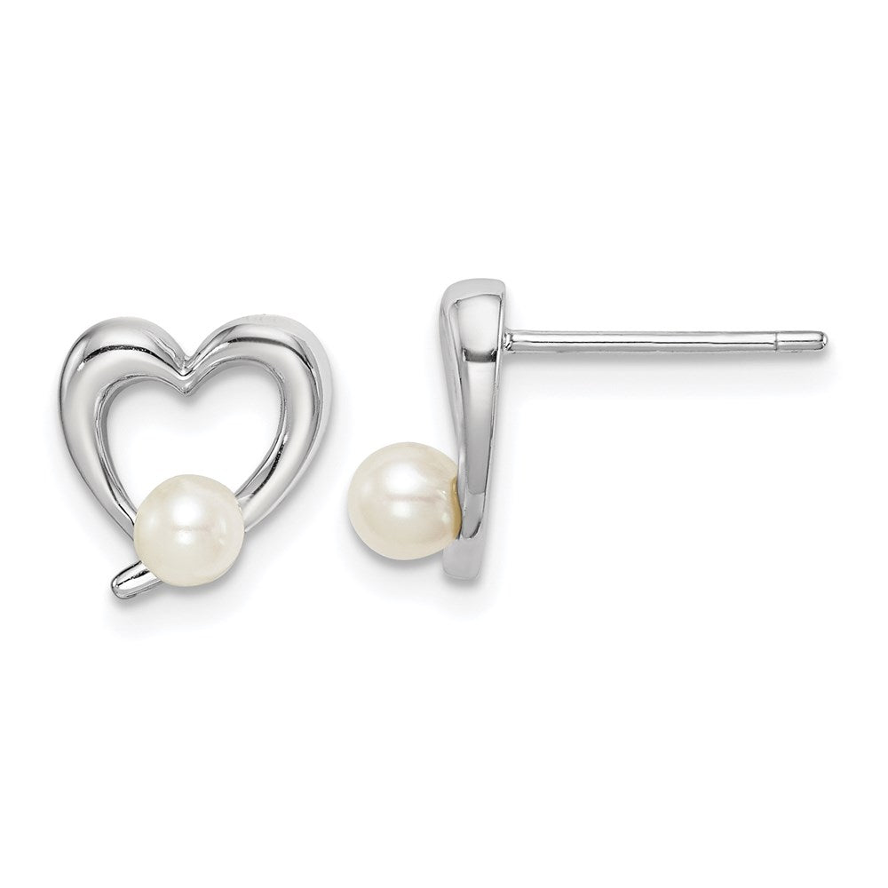 Sterling Silver Rhod-plat 3-4mm White Round FWC Pearl Heart Earrings